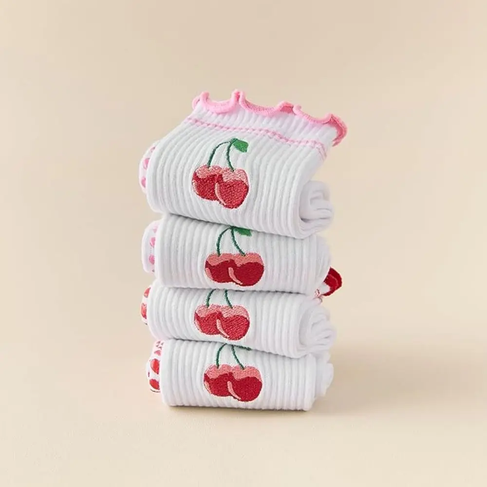 

New Cotton Pilates Socks Harajuku Street Sweat-absorbent Cherry Embroidery Socks Casual Breathable Mid Tube Socks