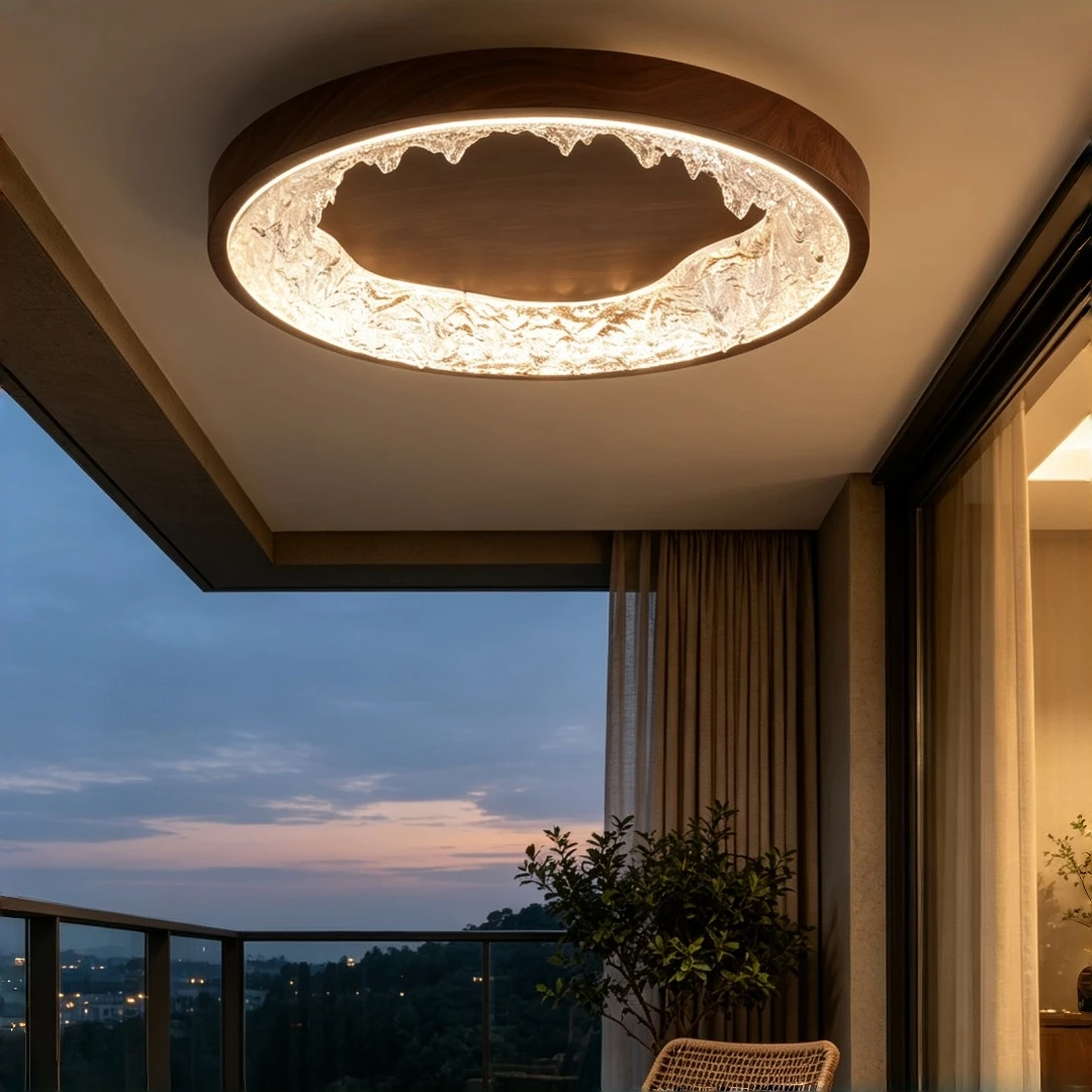 Round Flush Mount Ceiling Light Iron Frame Platinum Crystal Resin Mountain Texture LED Lamp For Living Room Bedroom Home Decor