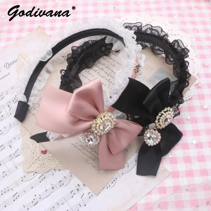 

Handmade Japanese Lace Mine Series Sweet Cool Heart Shape Rhinestone Bow Headband Sweet Cute Girls Hair Accessories Headwear