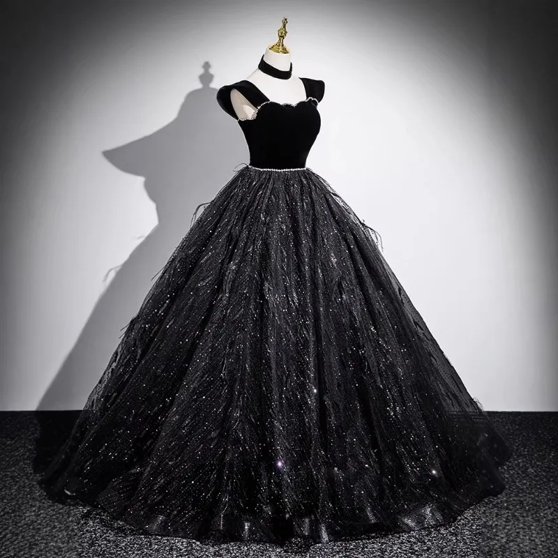 

Elegant Black Evening Gown, High-end Banquet Host, Vocal and Artistic Examination Performance Costume, Shiny and Fluffy Skirt