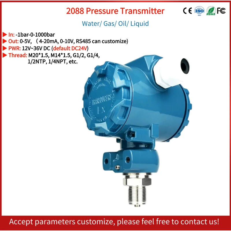 

0-5V Hydrostatic Oil Water Gas Pressure Sensor 10 100 1000bar 2088 Pressure Transmitter Water Oil Gas Pressure Transducer