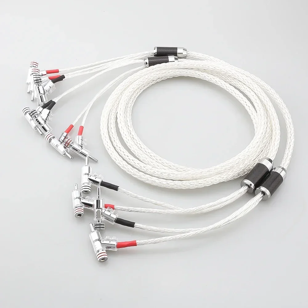 HiFi 8AG 16 Strands Silver Plated OCC Biwire Speaker Cable with 2 Banana to 4 banana Plug Audiophile Amplifier loudspeaker cord