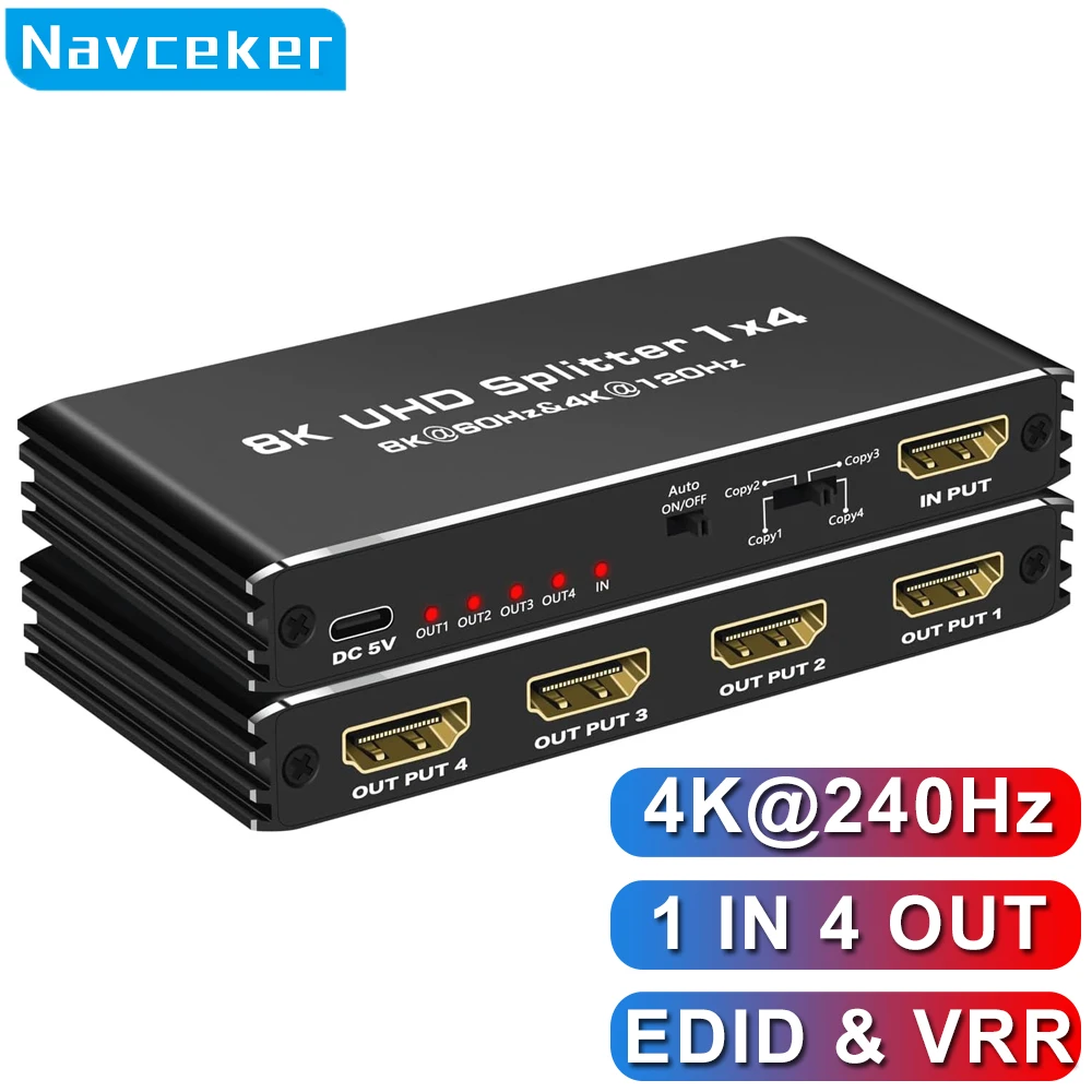 Navceker 4K 240Hz HDMI Splitter 1 Input 4 Outputs 8K 60Hz HDMI Adapter One to 2 4 HD Video Switcher for Xbox PS5 DVD PC Laptop