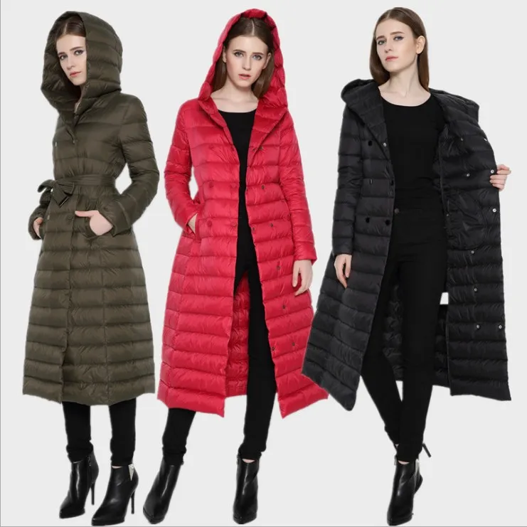 Women's European Style Over-Knee Extra Long Down Jacket Lightweight Hooded Slim Fit Double-Breasted Belted Plus Size Coat