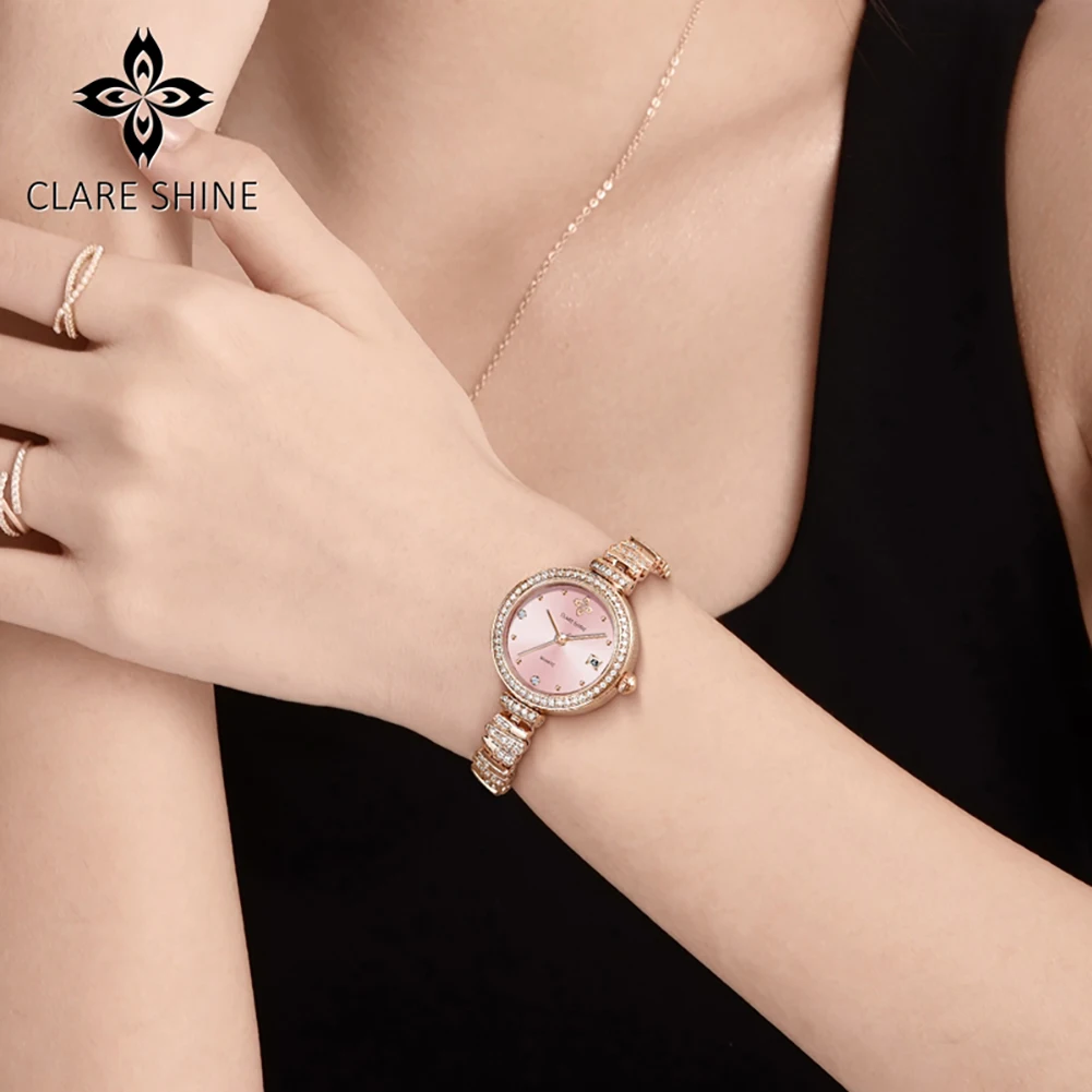 CLARE SHINE 7715 Imported Quartz Movement Wave Watch For Women Brand Minimalist Dial Steel Bracelet Calendar Window Watch