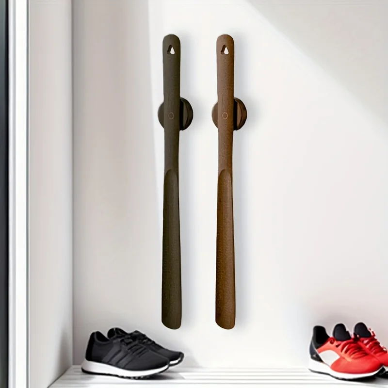 1pc 50cm Wooden Magnetic Beech Shoe Horn Long-handled Shoe Wearing Tool for Home Use with Drill-free Magnetic Base Shoe Horn