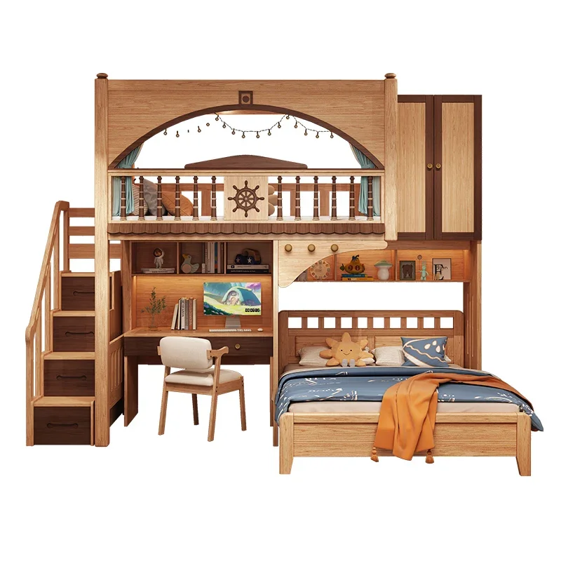 

Pure solid wood staggered bunk Bunk Small apartment double high and low Non-interference Tree house bed