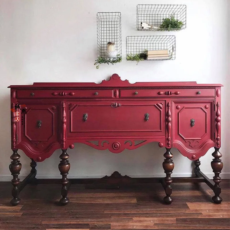 

French retro solid wood porch cabinet American high-end light luxury living room storage decorative cabinet red