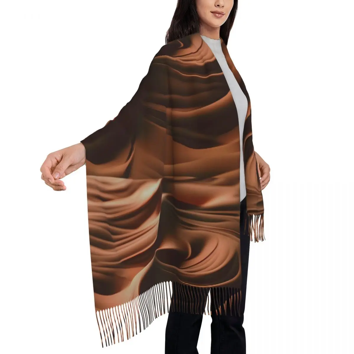 ผ้าพันคอศิลปะนามธรรมลายวนวนช็อกโกแลตเข้มข้น ผ้าพันคอผู้หญิงพร้อมพู่ห้อย ผ้าคลุมไหล่ยอดนิยมสำหรับฤดูหนาว ผ้าพันคอและผ้าคลุมไหล่ที่ให้ความอบอุ่น ผ้าพันคอแบบ Bandana