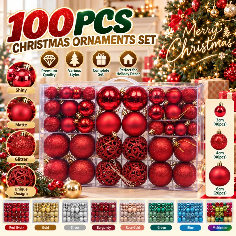 101Pcs Christmas Baubles Ornaments Set, 3/4/6cm Hollow Balls, Xmas Tree Hanging Decor Gift Box Packed Home Party Holiday Gift