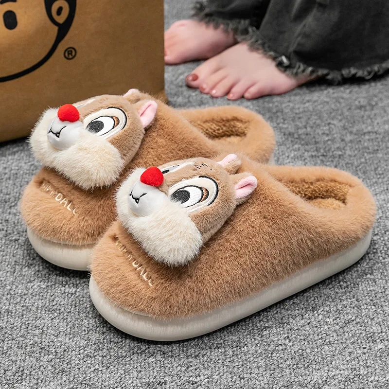 Disney Kawaii Chip & Dale Winter Pluche Pop Vrouwen Katoenen Slippers Cartoon Antislip Leuke Warme Thuis Katoenen Slippers Kerstcadeau