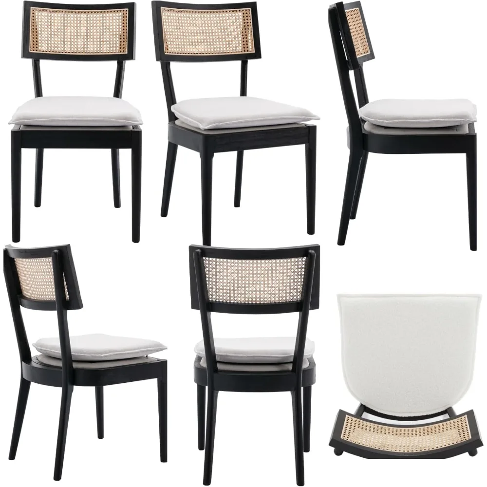Rattan Dining Chairs ,Mid Century Modern Black Wooden Cane Back Chairs with Removable Linen Cushion ,Retro Farmhouse Upholstered