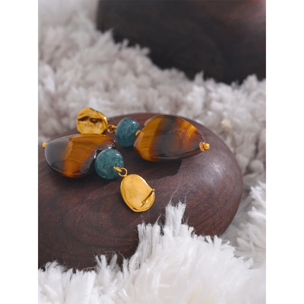 Yhpup High Quality Agate Tiger Natural Stone Heart Drop Earrings for Women Anti Allergy Stainless Steel Handmade Jewelry Gift