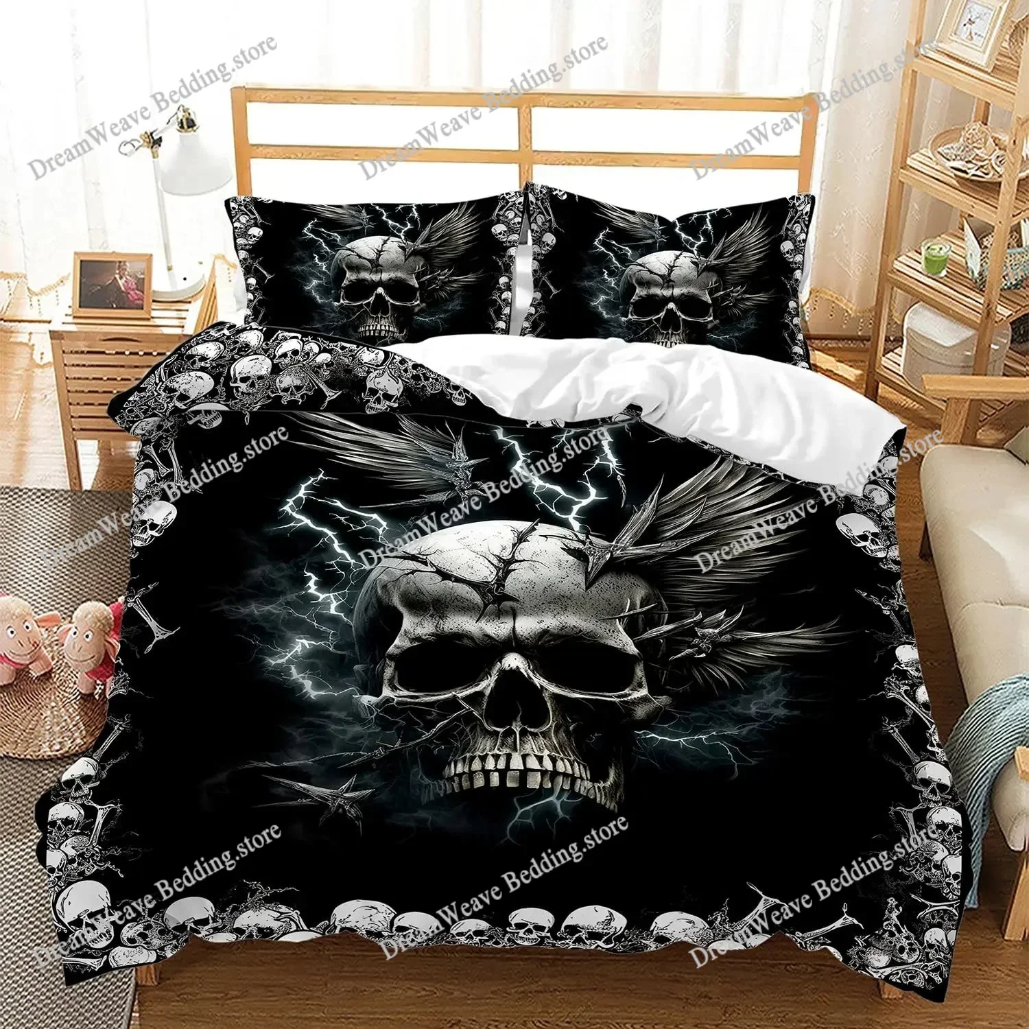 Gothic Skull Duvet Cover Set Queen Size, Black and White Skull Bedding Set for Boys Teens Men, Retro Floral Comforter Covers Set