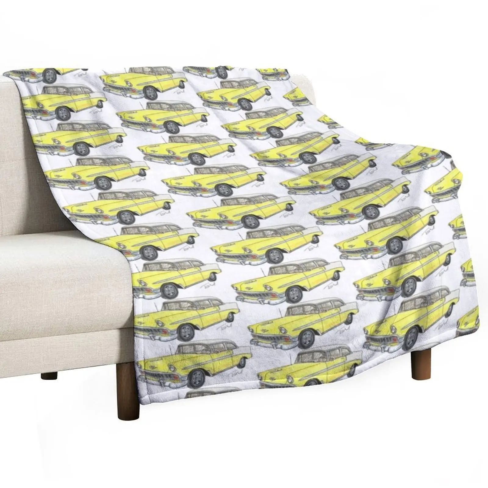 

1956 Belair 2 Door Post - White & Yellow Throw Blanket Shaggy Bed linens Extra Large Throw Plush Blankets