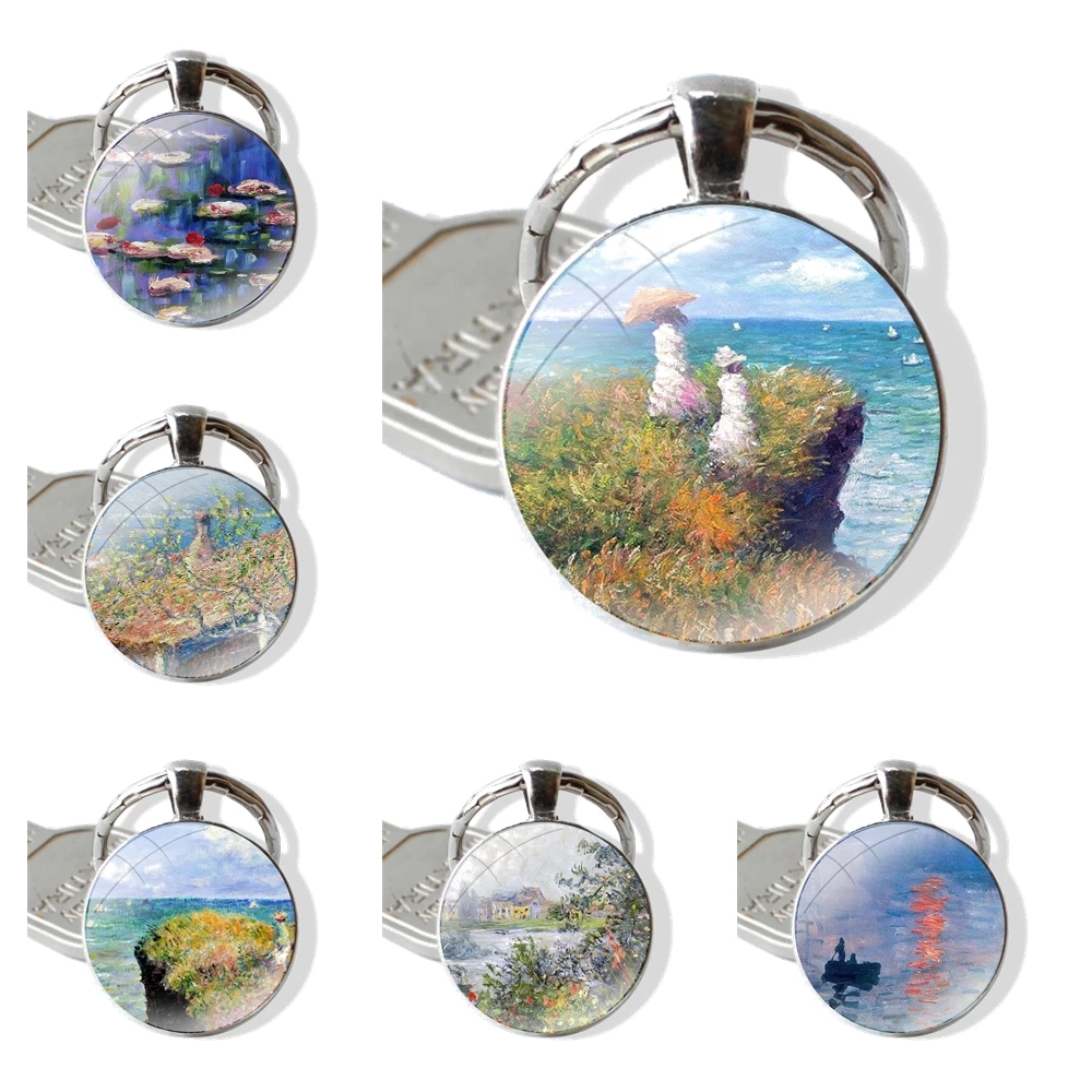 Claude Monet Impressionism Painter Keychain Handmade Glass Cabochon Key Ring Holder Pendant Key Chains