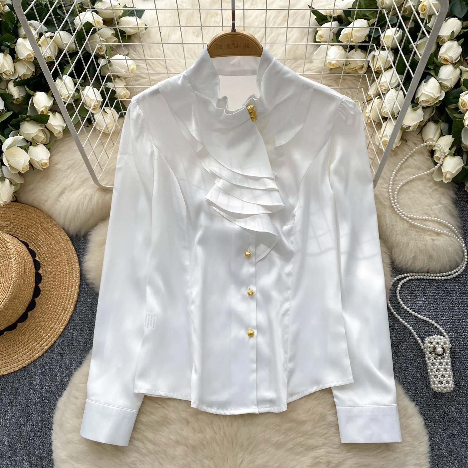 Chic Ruffle Casual Long Sleeve Sexy Stand-up Collar Basics Single Breasted Office Lady High Street Vintage Spring Autumn Blouse