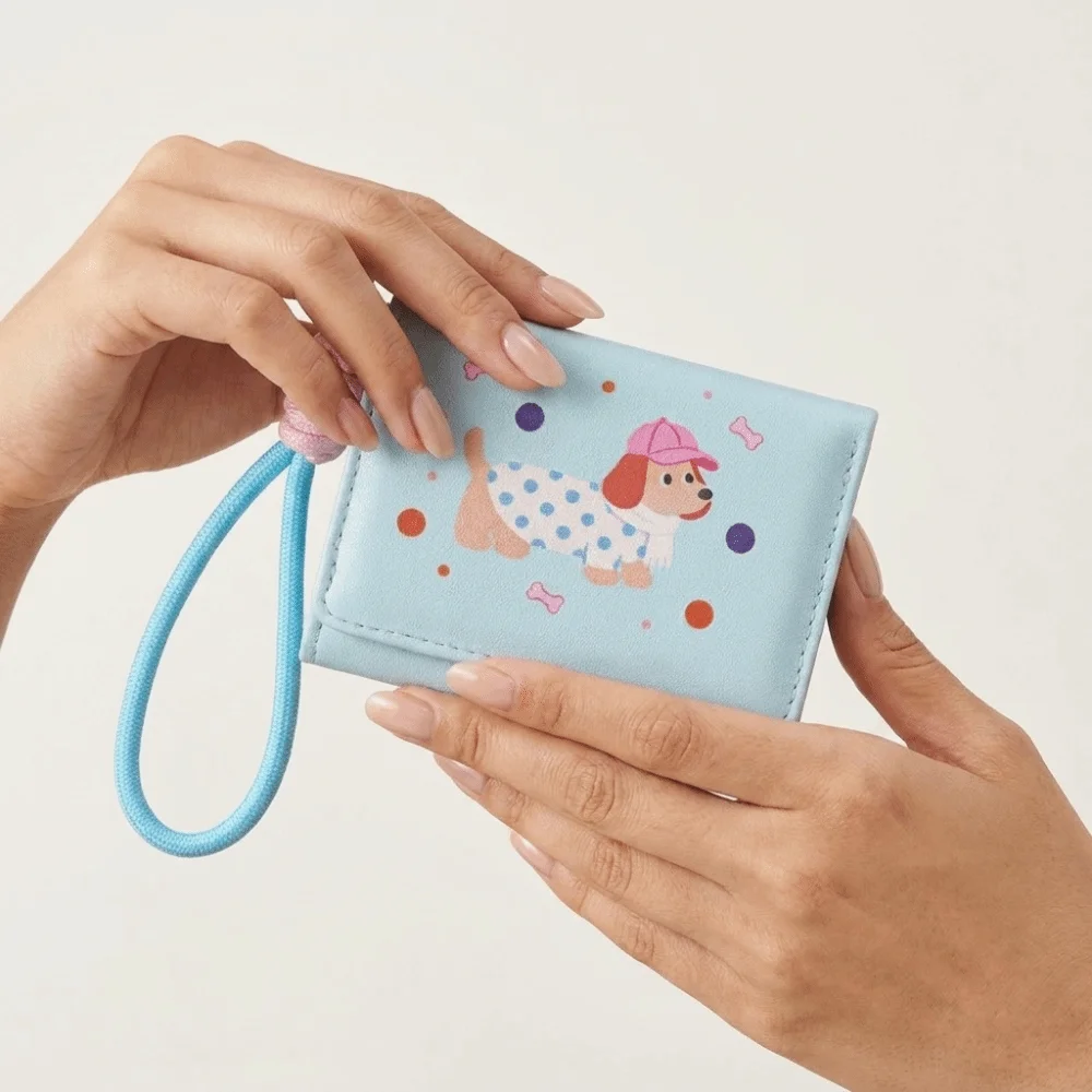 Coin Pouch PU Dachshund Dog Wallet Cartoon Multiple Card Sausage Dog Card Bag With Lanyard Dopamine Color Short Purse Work