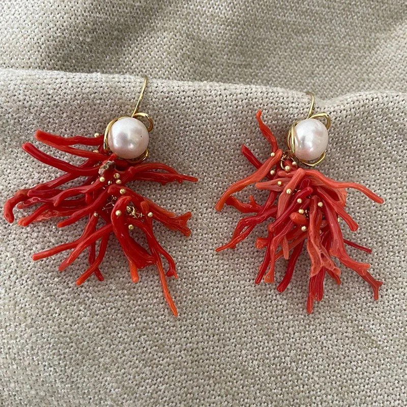 Handmade Coral Red Drop Earrings with Freshwater Pearl Lapis Lazuli Stone Women Jewelry