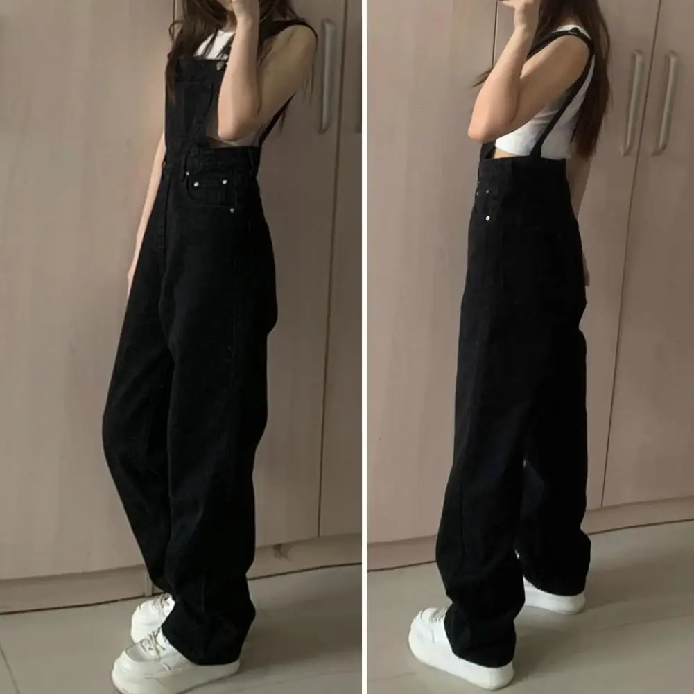 

Women Jumpsuit Loose Vintage Sleeveless Jumpsuit High Waist Preppy Style Straight Wide Leg Streetwear Overalls