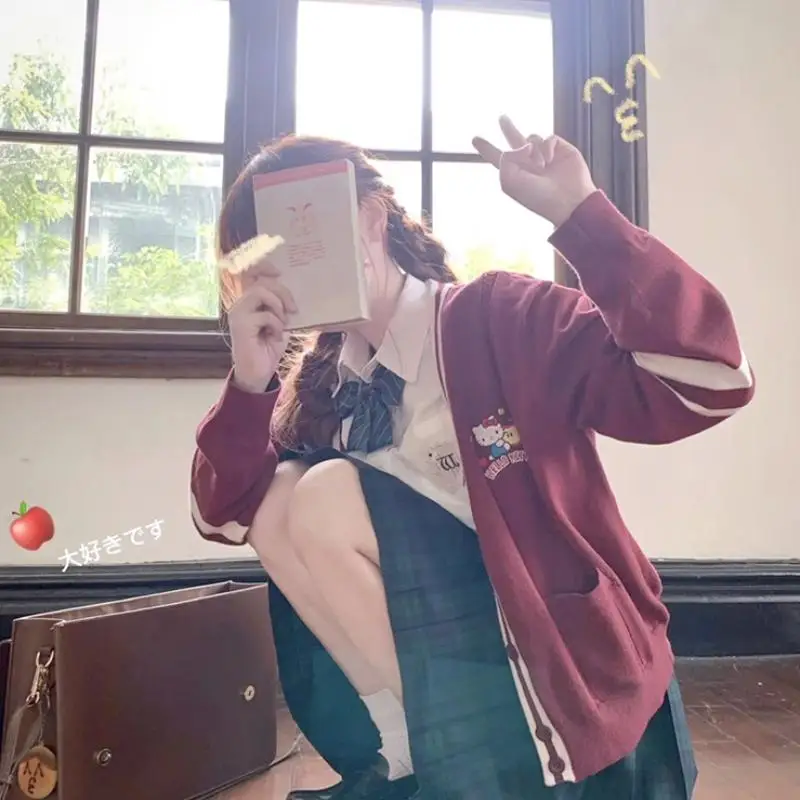 My Melody Embroidery Open Shirt Cinnamoroll Knit Sweater Hello Kitty Girls Fall Winter Jacket New Style Student Loose Jacket