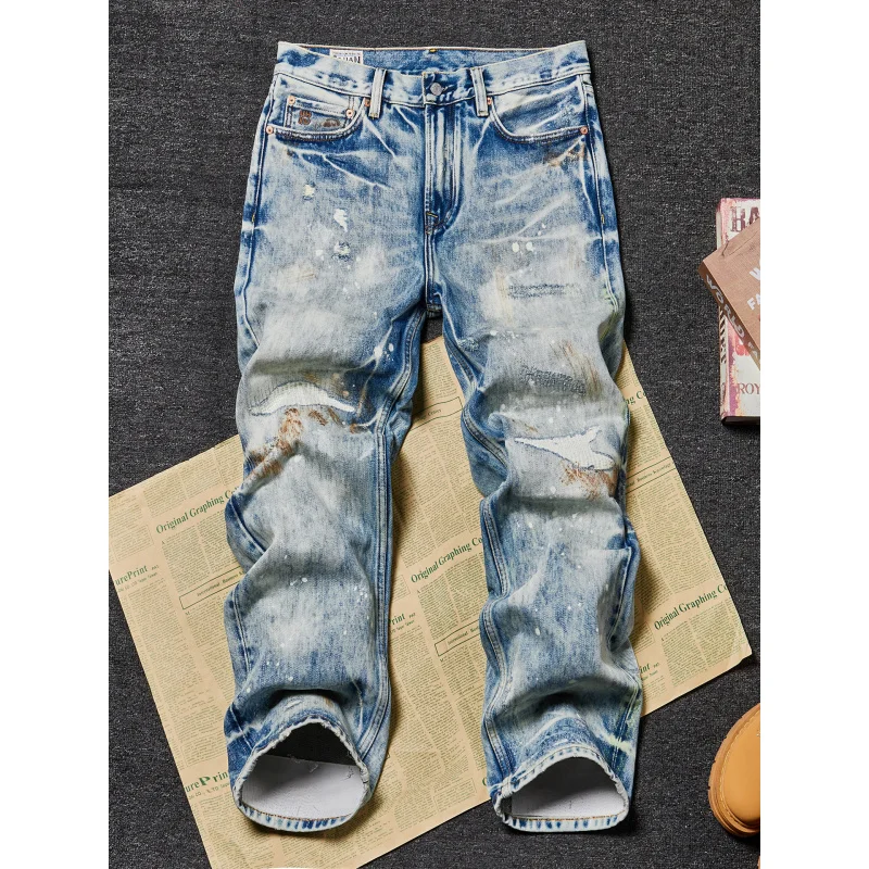 Men's Heavyweight Vintage Jeans, Loose Straight Ripped Distressed Denim Pants, Non-Stretch Fashion Trousers
