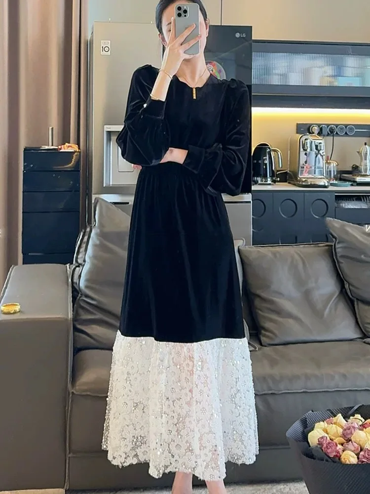 Dress Women Spring 2024 French Style Flounced Patchwork Knitted Lace Long Sleeve O-Neck High Waist Dresses