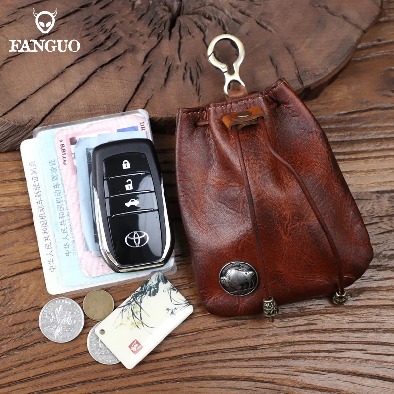 Genuine Leather Coin Purse For Women Men Retro Handmade Small Drawstring Pocket Storage Bag With Keyring Card Holder Case Male