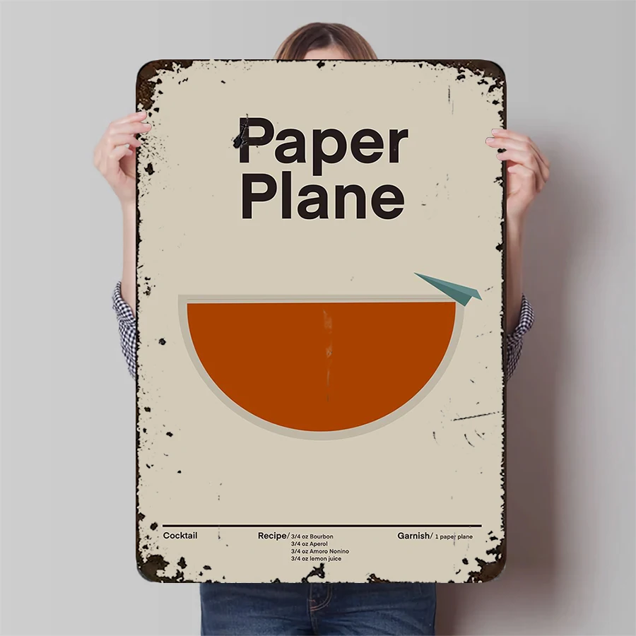 Póster de Metal de cóctel de avión de papel, Bourbon Aperol Amaro Nonino, receta, decoración artística, colgante de pared