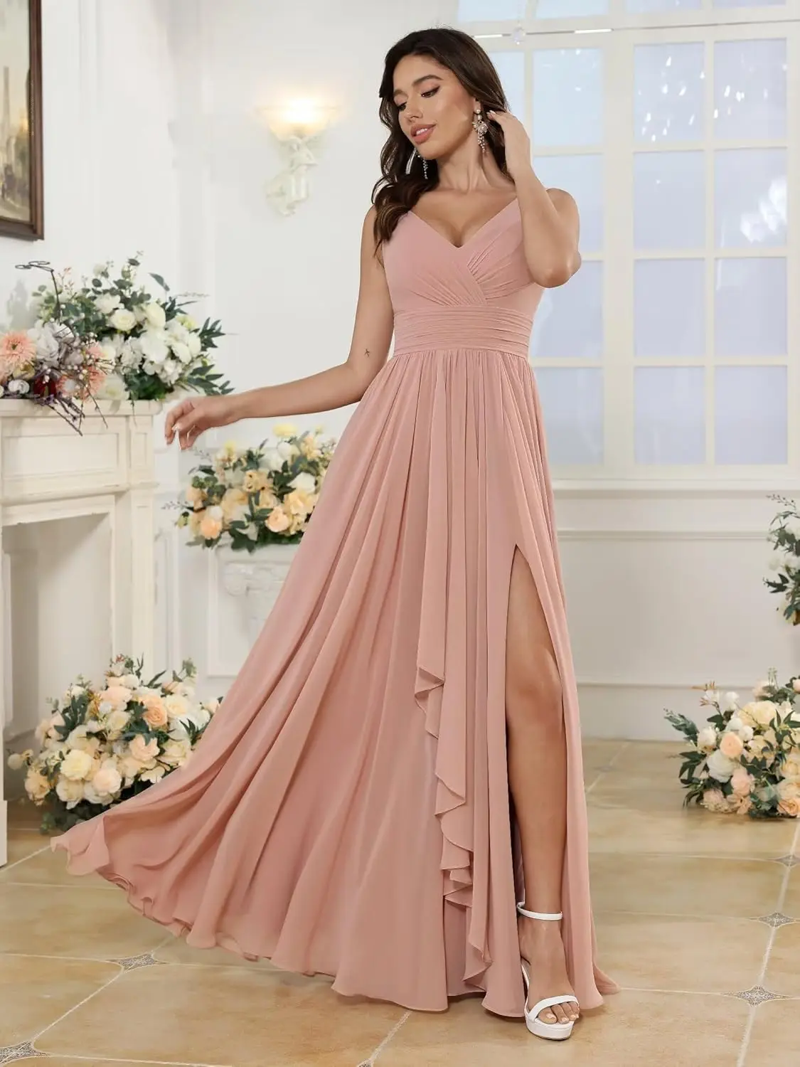 Damen-Brautjungfernkleider aus Chiffon mit Rüschen, V-Ausschnitt, lang, mit Taschen, A-Linie, formelle Kleider mit Schlitz, Abendkleider