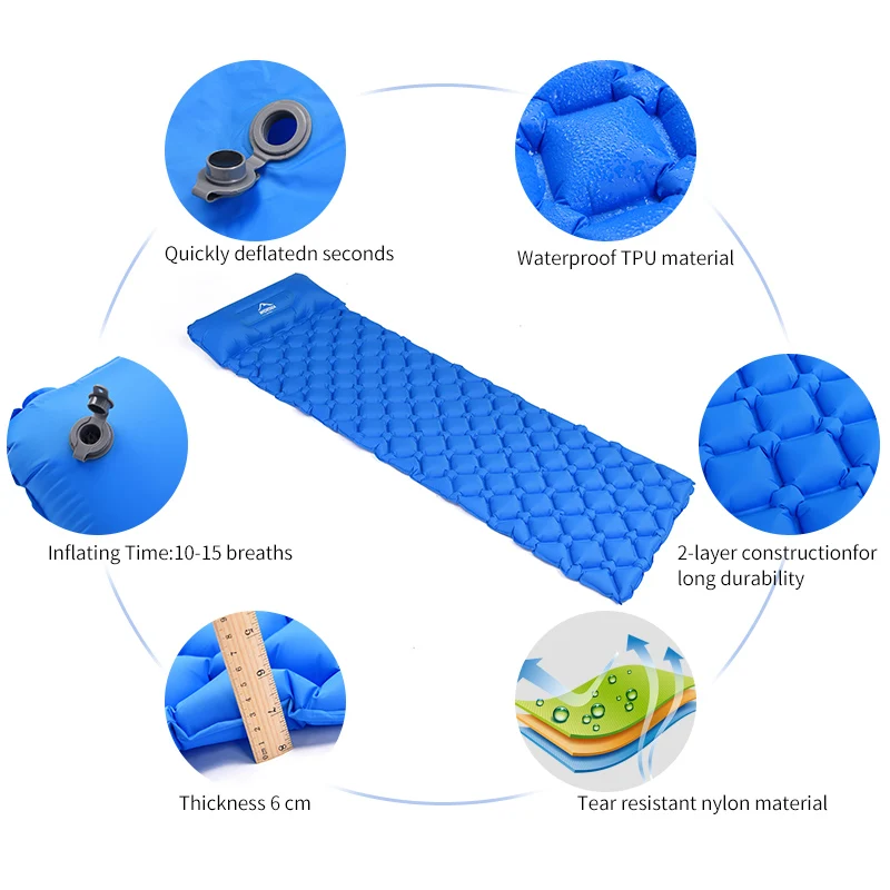 Widesea Sleeping Pad Camping Inflatable Mat Outdoor Air Mattresses Ultralight Portable Bed Cushion Pillow Hiking Trekking