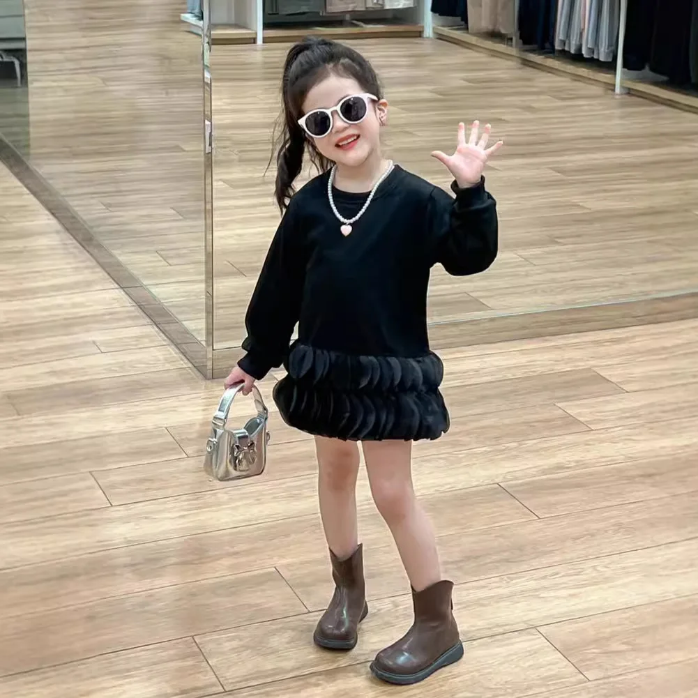 Korean Children's Clothing Girls Sweater Skirt 2024 Autumn Style Foreign Style Double Petal Hem Splicing Tutu Cake Dress