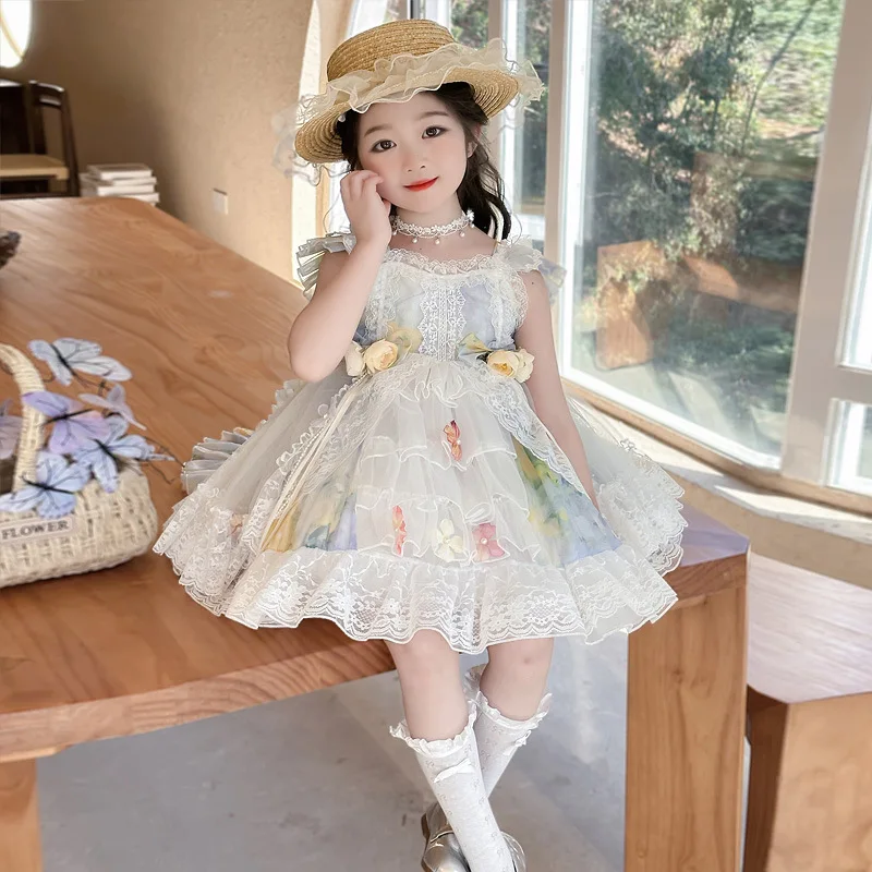 Girls Lolita Princess Summer Baby Sleeveless Suspender  Flower Fairy Birthday Children's Fluffy Dress
