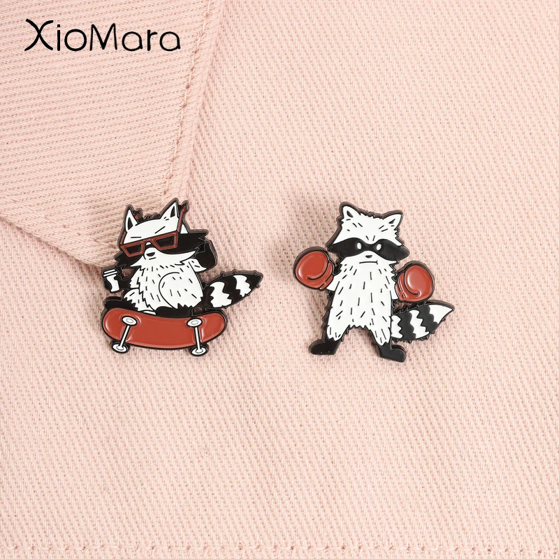 Cute Raccoon Boxing Enamel Pin Cool Raccoon Skateboarding Cartoon Animal Brooches Lapel Bagde Fashion Jewelry Gifts for Friends