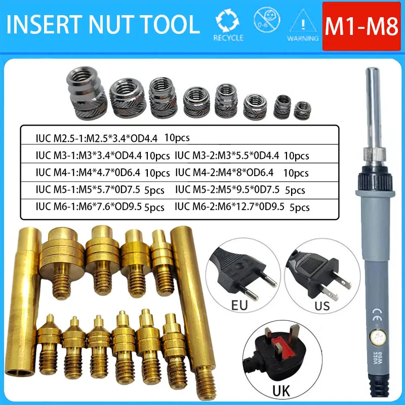 

M1 M1.4 M1.6 M2 M3 M4 M5 M6 M8 Stainless Steel Nut and Heat Set Threaded Insert Tool Soldering Iron Tip Insertion for 3D Printer