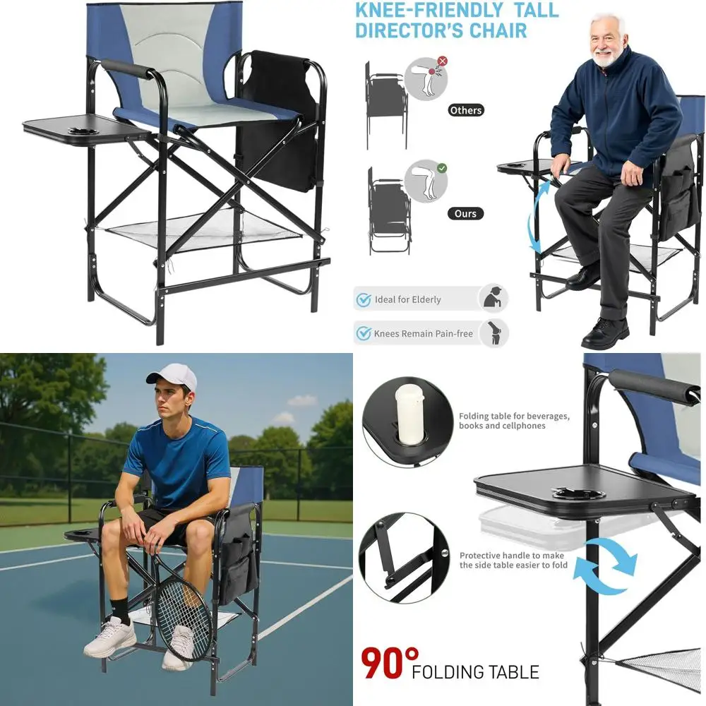 

Portable Folding Directors Chair with Side Table, 26 Tall, 300lbs Capacity, Blue/Grey