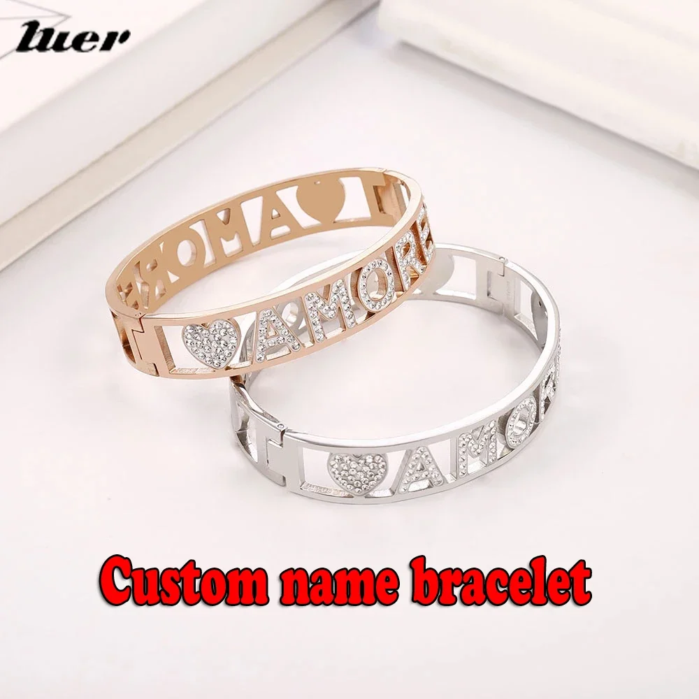 

LUER Custom Zircon Letter Bracelet/Personalized Custom Name Closed Bangle Rhinestone Men Women's Jewelry/Bling Christmas Gift