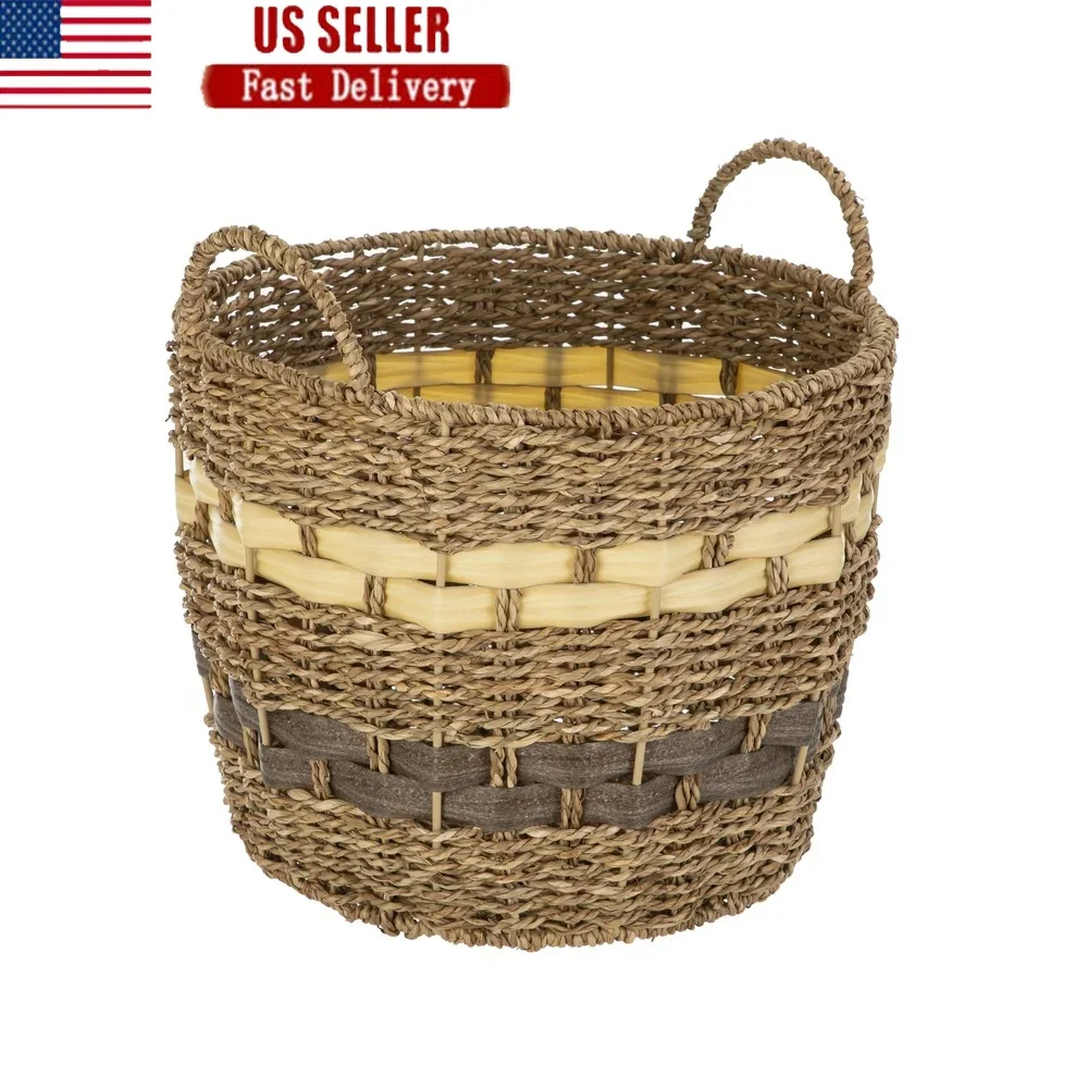 

Handwoven Seagrass Storage Basket Large Round Decorative Basket Nestable Household Organizer Toys Toiletries Accessories