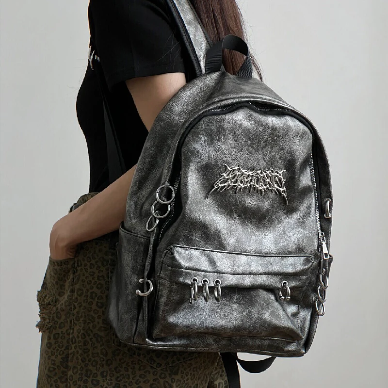 

Y2K Gothic Punk Backpack for Women, Vintage PU Daypack with Metal Ring Hardware, Girl Large Capacity School Travel Backpack
