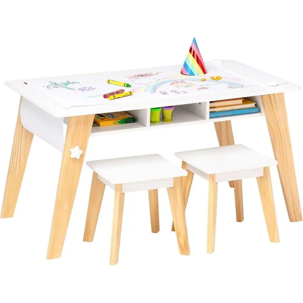 

Kids Arts & Crats Table Set – -Century ern Design with 2 Stools, Storage Cubbies & Paper Roll - White