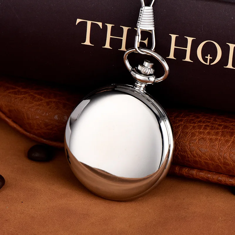 Vintage Luxury Smooth & Matte Sliver Case Quartz Pocket Watch for Men Roman Numeral Fob Chain Necklace Pendant Clock for Gifts