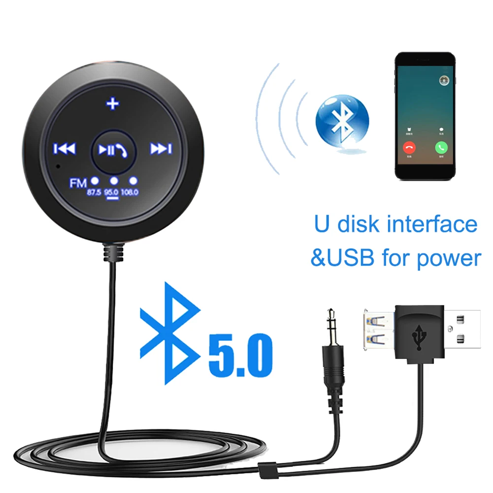 Wireless Car Mp3 Player Bluetooth 5.0 FM Transmitter 3.5mm AUX Audio Adapter with U Disk Music Play USB for Power