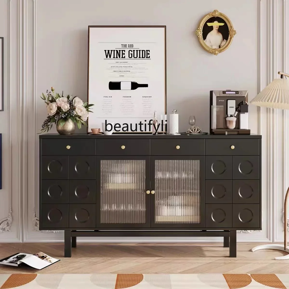 

Simple Modern Black Sideboard Cabinet Large Capacity Four-Door Locker Curio Cabinet Wine Cabinet