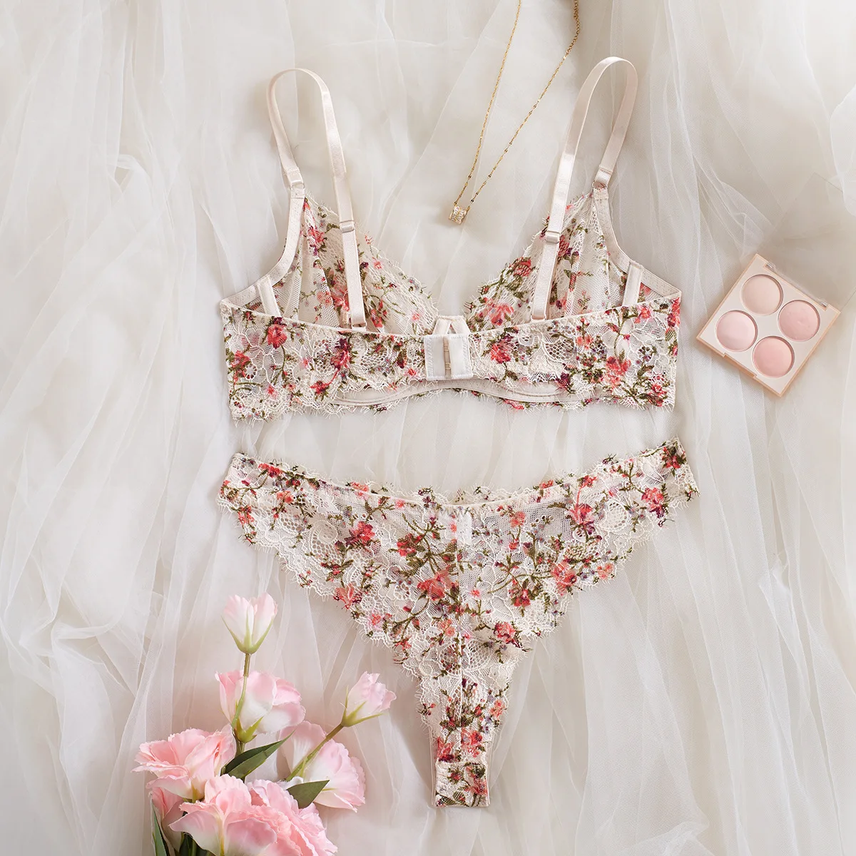 الفرنسية مثير مونيه حديقة النفط اللوحة المطبوعة الملابس الداخلية النساء الأزهار الدانتيل رمش الملابس الداخلية جوفاء مريحة جمع الصدرية T-الظهر #2