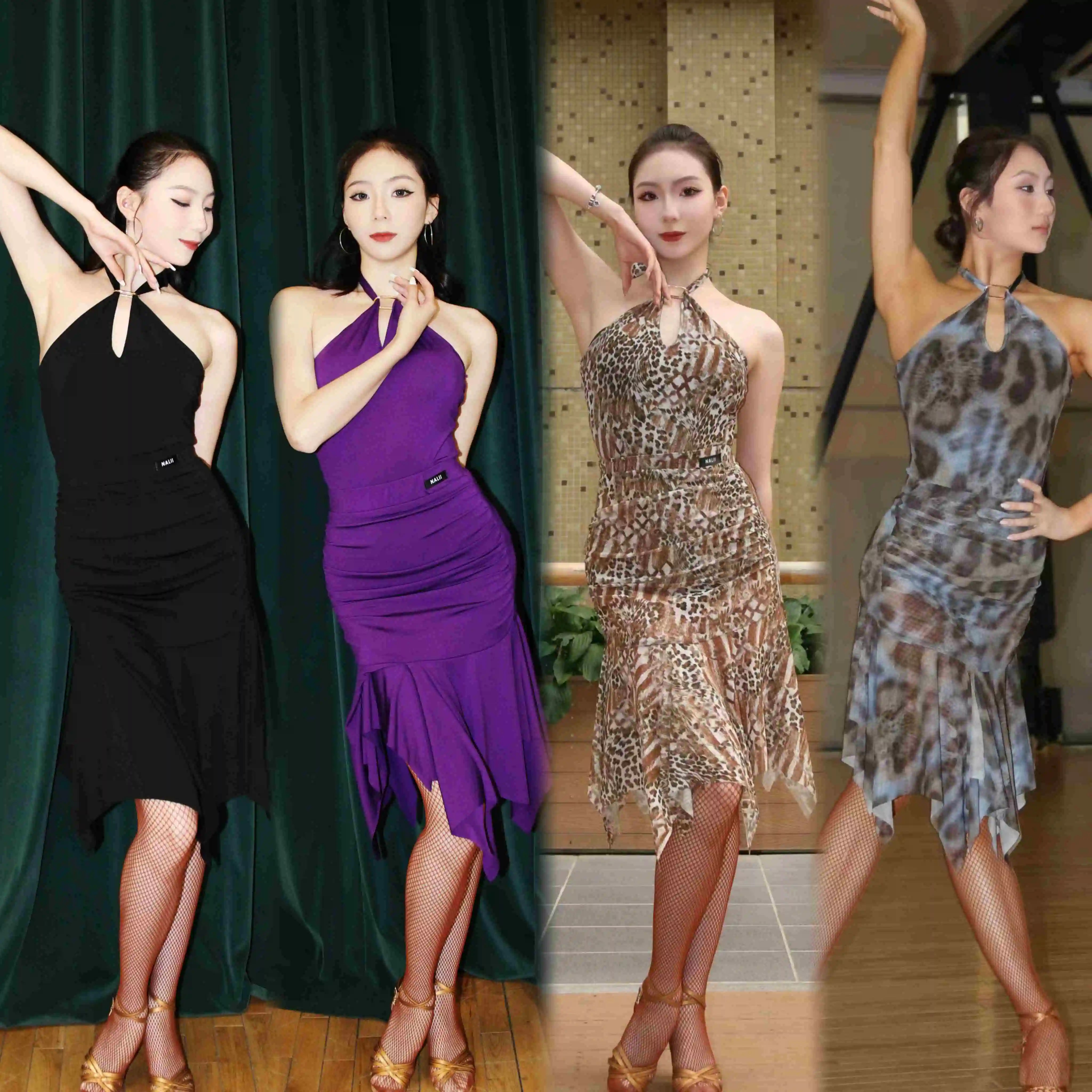 Nueva ropa de baile latino, Tops con cuello Halter, falda Irregular, vestido de baile latino morado de leopardo negro sexi, ropa de práctica para actuar DNV25181