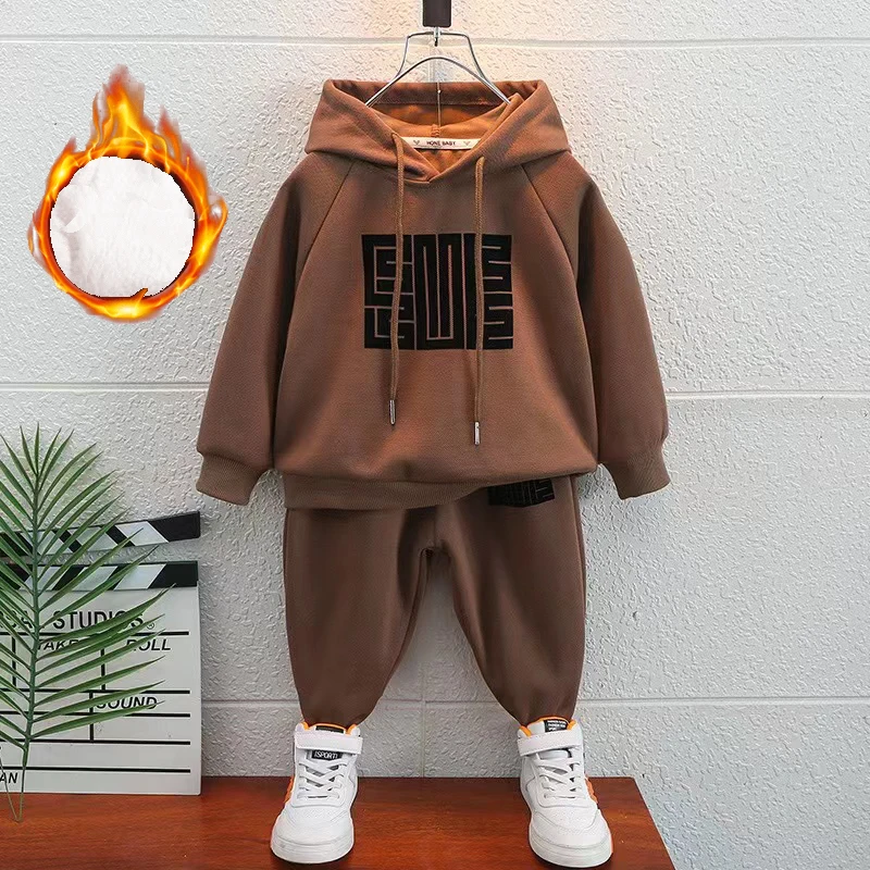 Fleece Winter Clothing Sets Baby Boy Children Pullover Sweatshirts + Simple Solid Cotton Sports Pants 2pc Kids Clothes Boy Suit