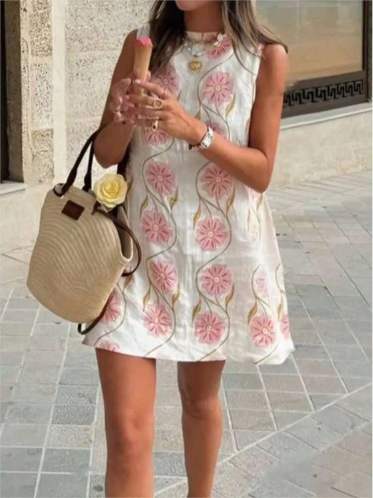 

Casual Print Mini Dress For Women Fashion Sleeveless O Neck Pullover Dresses Lady Elegant Holiday Beach Skirts Womens Clothing