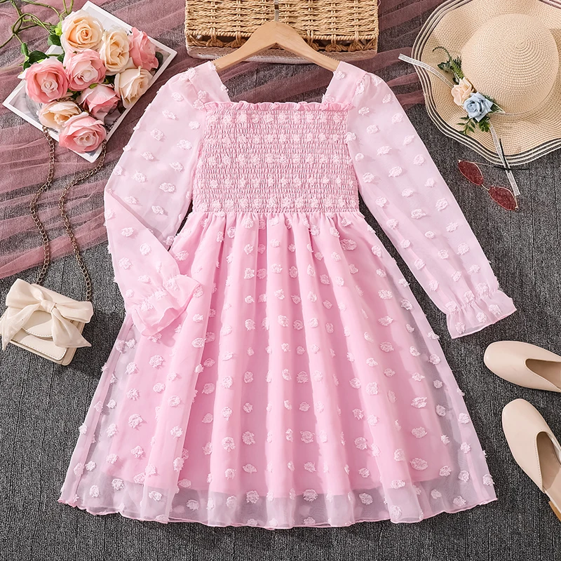 Pink 3D Swiss Dot Girls Dress for 8-12 Years Spring Autumn Square Neck Long Ruffle Sleeve Smocked A-Line Dress