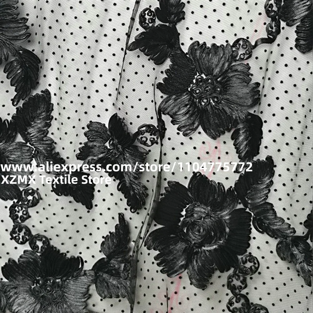 3D Black Floral Embroidery Mesh Fabric, Polka Dot Tulle With Raised Flower, For Evening Dress,Party Gown DIY Sewing