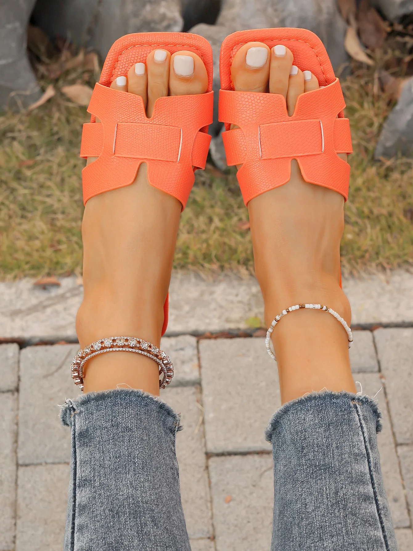 Women's Flat Sandals, Summer Fashion Slip-On Slippers, Square Toe Open-Toe Design, Suitable for Everyday Wear, Mom Shoes, Mother's Day Gift